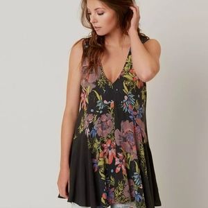 Free People Backyard Floral Print Tunic Charcoal Green Pink Size XS